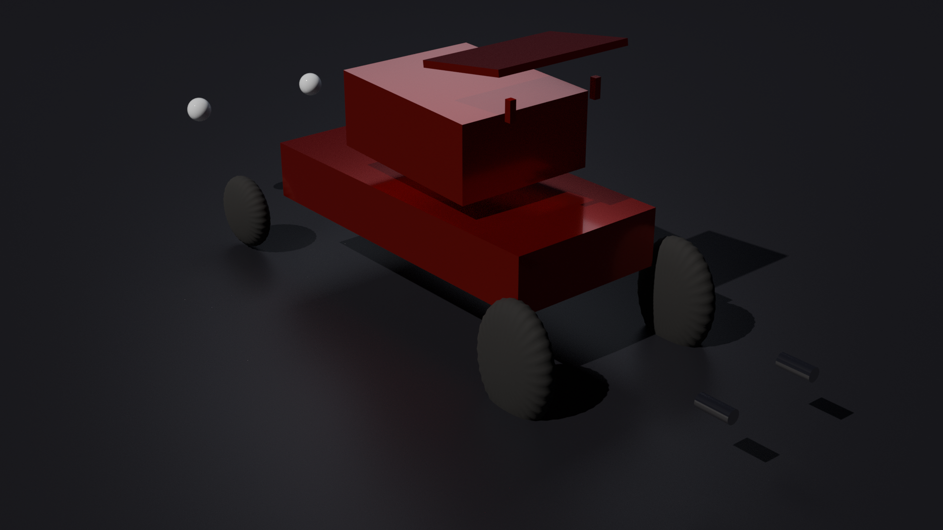 Vehicle modified — racing red paint, roof spoiler, widened rear wheels